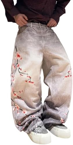 Floral Print Y2K Baggy Jeans for Men Pants in Light Grey