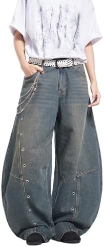 Hip Hop Baggy Jeans for Men Wide Leg Denim Pants in Blue