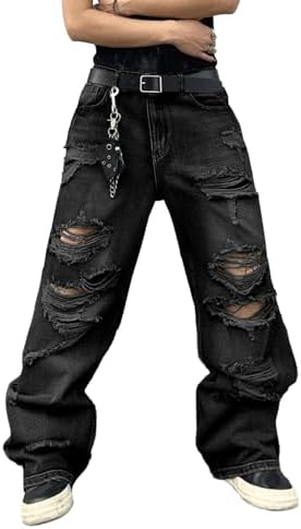 Hip Hop Baggy Jeans for Men with Hole Distressed Wide Leg in Black