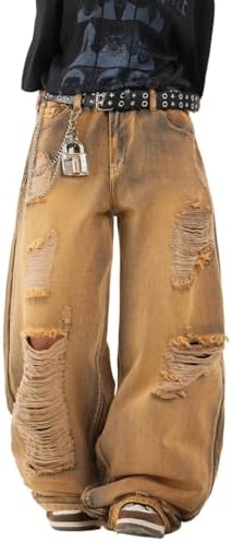 Hip Hop Baggy Jeans for Men with Hole Distressed Wide Leg