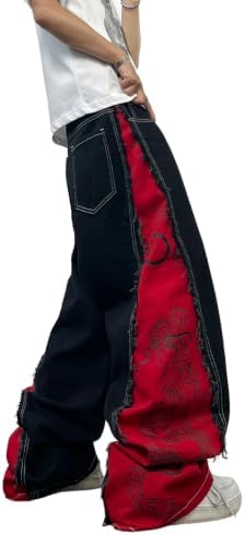 Men's Baggy Jeans Color-Block Dragon Loose Pants