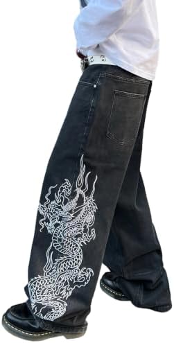 Men's Baggy Jeans Embroidered Dragon Loose Fit