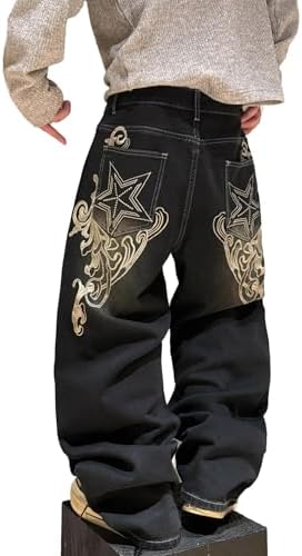 Men's Baggy Jeans Embroidered Wide Leg Vintage Jeans Hip Hop in Black