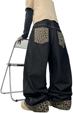Men's Baggy Jeans Embroidered Wide Leg Vintage Jeans Hip Hop in Black