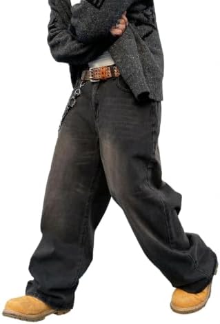 Men's Baggy Jeans Fleece Lined Winter Warm Wide Leg Denim in Fleece Black