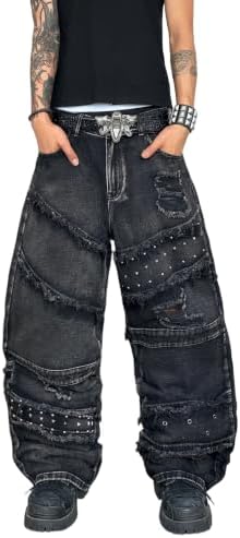 Men's Baggy Jeans Hole Distressed Wide Leg Jeans in Black