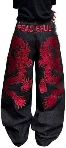 Men's Dragon Baggy Jeans Embroidered Pants in Black