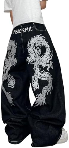 Men's Dragon Baggy Jeans Embroidered Pants in Black