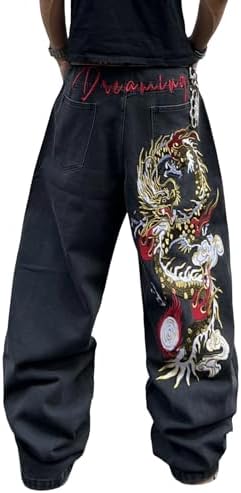 Men's Dragon Baggy Jeans Embroidered Pants
