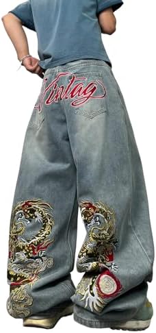 Men's Dragon Baggy Jeans Embroidered Pants in Light Blue