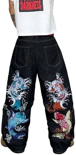 Men's Embroidered Baggy Jeans Koi Wide Leg Jeans in Black