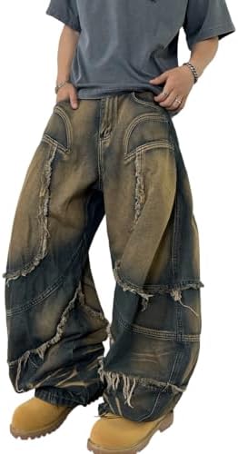 Men's Fringe Frayed Edges Hip Hop Baggy Jeans Wide Leg Jeans in Retro Blue