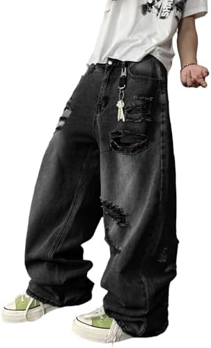 Men's Hip Hop Baggy Jeans Y2k Denim Pants in Black