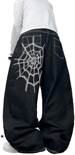 Men's Hip-hop Embroidered Baggy Jeans Black Loose Fit Denim