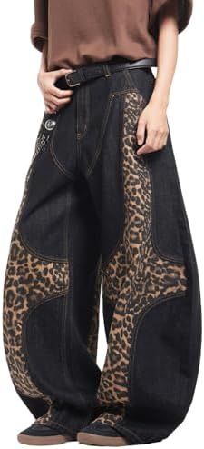 Men's Leopard Print Baggy Barrel Jeans Wide Leg