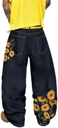 Men's Wide-Leg Baggy Jeans Flower Embroidery Pants in Black