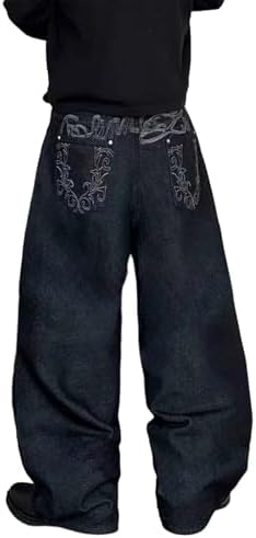 Men Wide Leg Baggy Jeans with Back Pockets Embroidery in Black