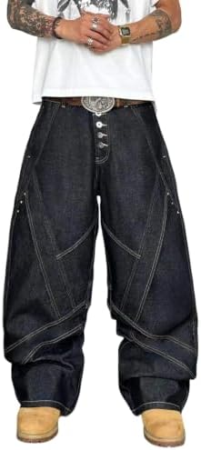 Men Wide Leg Button Fly Y2K Irregular Baggy Jeans in Black