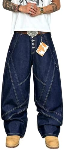 Men Wide Leg Button Fly Y2K Irregular Baggy Jeans in Dark Blue