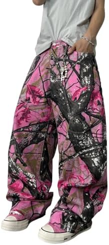 Mens 3D Digital Printed Baggy Jeans Wide Leg Pants in Pink