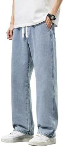 Mens Baggy Adjustable Waist Wide Leg Jeans in Light Blue