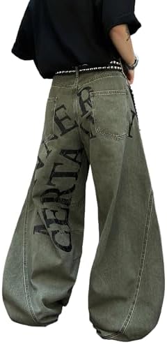 Mens Baggy Barrel Jeans Letter Print Wide Leg