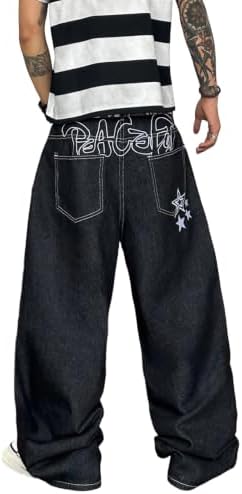 Mens Baggy Embroidered Wide Leg Jeans Loose Fit Oversized