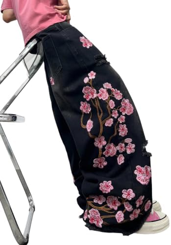 Mens Baggy Jeans Embroidered Wide Leg Pants in Black