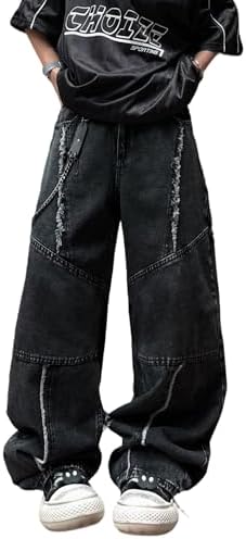 Mens Baggy Jeans Patchwork Y2k Hip Hop Wide Leg Denim Pants