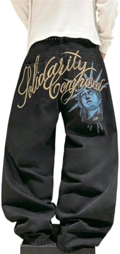 Mens Baggy Jeans Pattern Denim Pants Wide Leg in Black