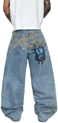Mens Baggy Jeans Pattern Denim Pants Wide Leg in Light Blue