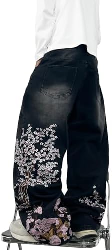 Mens Baggy Jeans Wide Leg Graphic Jeans in Black