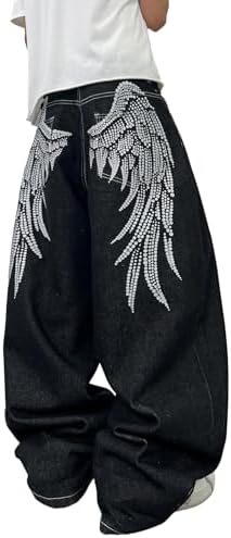 Mens Baggy Wide Leg Angel Wings Jeans Y2K Pants in Black
