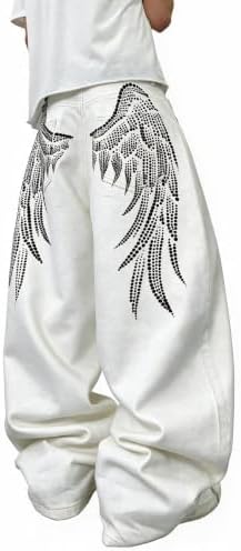 Mens Baggy Wide Leg Angel Wings Jeans Y2K Pants in White