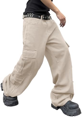 Mens Denim Baggy Pants with Cargo Pockets Mid Weight Casual in Beige