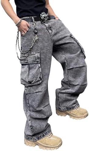 Mens Denim Baggy Pants with Cargo Pockets Mid Weight Wide Leg in Dark Grey