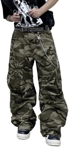 Mens Denim Baggy Pants with Cargo Pockets Mid Weight Wide Leg in Army Green