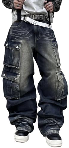 Mens Goth Baggy Cargo Jeans Steampunk Patchwork Wide Leg Jeans in Blue