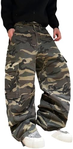 Mens Goth Baggy Cargo Jeans Steampunk Patchwork Wide Leg Jeans in Army Green
