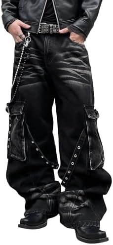 Mens Goth Baggy Cargo Jeans with Pockets Steampunk Patchwork in Black