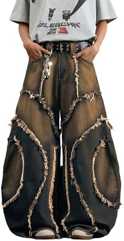 Mens Hip Hop Baggy Jeans Rock Relaxed Pants in Retro Brown