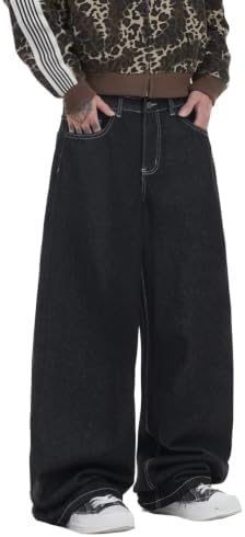 Mens Hip Hop Baggy Jeans Wide Leg Denim Pants in Black