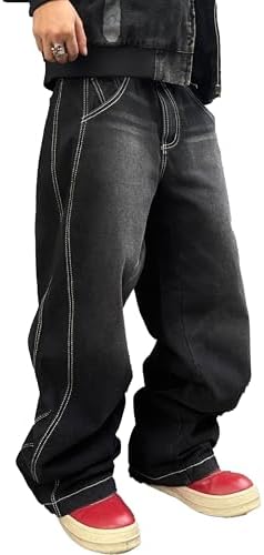 Mens Irregular Sutures Baggy Jeans with Angled Pocket Y2k Hip