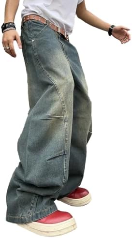 Mens Irregular Sutures Y2k Hip Hop Baggy Jeans Wide Leg Denim in Blue