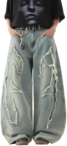 Mens Patchwork Baggy Jeans Embroidery Pants