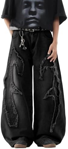 Mens Patchwork Baggy Jeans Embroidery Pants in Black