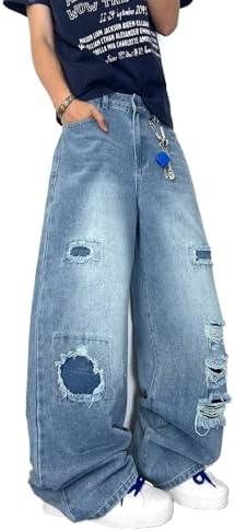 Mens Ripped Baggy Jeans Wide Leg Y2K Denim Pants