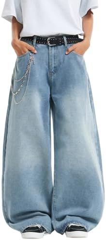 Mens Streetwear Hip Hop Baggy Jeans Wide Leg Y2k Skater Denim in Blue