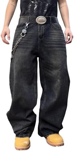 Mens Streetwear Hip Hop Baggy Jeans Wide Leg Y2k Skater Denim in Black