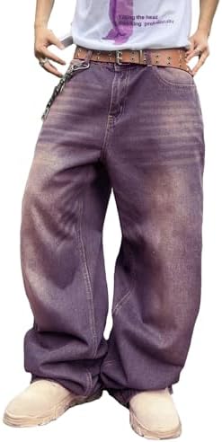Mens Streetwear Hip Hop Baggy Jeans Wide Leg Y2k Skater Denim in Purple